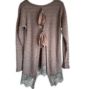 Anthropologie A’reve Boho Lace Open Back Knit Tunic Blouse M Blush Beige